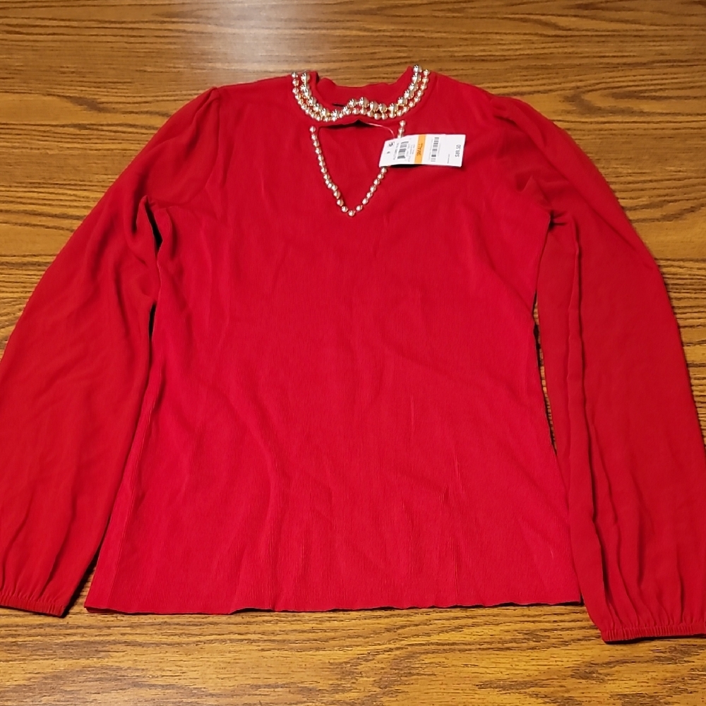INC Women's Red Studded Neckline Sheer-sleeve Crewneck Sweater Top